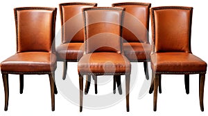 a set of six brown leather dining chairs with nail head trim. generative ai
