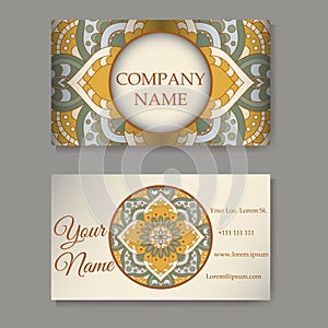 Set of six business cards. Vintage pattern in retro style with mandala. Hand drawn Islam, Arabic, Indian, lace pattern