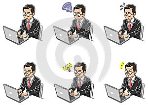 Set of six businessmen with glasses to operate the computer