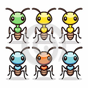 Set six cartoon ants, unique coloration, anthropomorphic traits, friendly expressions. Colorful photo