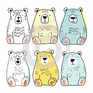 Set six cartoon bears different colors subtle variations poses emotions, bear drawn simplistic