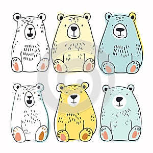 Set six cartoon bears different colors subtle variations poses emotions, bear drawn simplistic photo