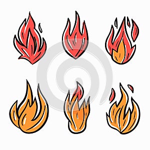 Set six cartoon fire flames, different shapes styles, vibrant colors. Handdrawn flame symbols