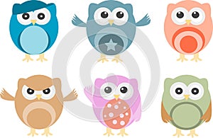 Set of six cartoon owls with various emotions
