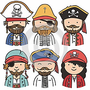 Set six cartoon pirates representing various pirate attire headgear styles, eye patches beards photo