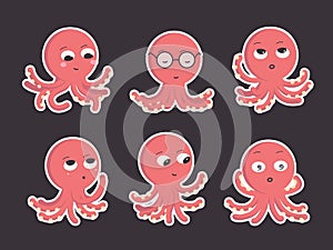 Set of six cartoon red octopus characters in different poses and different emotions. Colored vector flat illustration of