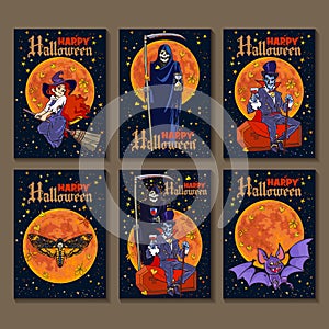 Set of six cartoon style Halloween posters with Halloween characters. Vector.