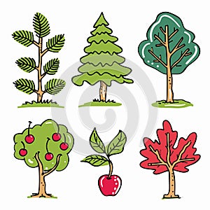 Set six cartoon trees, various species, colorful design. Handdrawn evergreen, fruit tree, apple