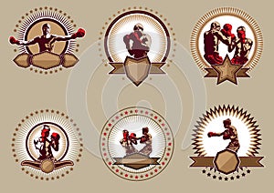 Set of six circular boxing icons or emblems