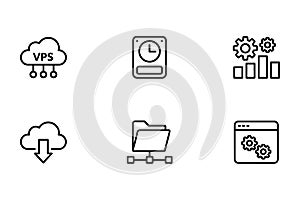 Set of six cloud computing and data management outline icons virtual private server network