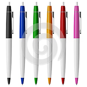 Set of six colored ballpoint pens with buttons and metal