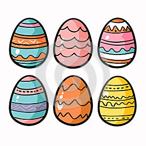 Set six colorful Easter eggs decorated various patterns. Handdrawn style designs suitable holiday