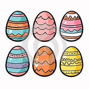 Set six colorful Easter eggs decorated various patterns. Handdrawn style designs suitable holiday photo