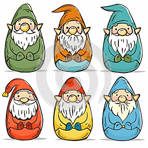 Set six colorful garden gnomes, distinct hats beards, whimsical fantasy illustration. Cartoon photo