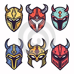 Set six colorful warrior helmets depicted, stylized combat designs, tribal warrior mask