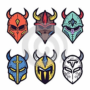 Set six colorful warrior helmets featuring horns unique markings, stylized vibrant warrior
