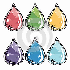 Set six colorful water droplets, cartoon style, splattered paint drops, vibrant red, green