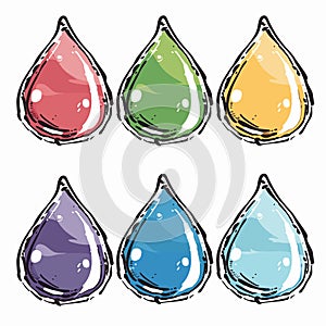 Set six colorful water droplets, cartoon style, splattered paint drops, vibrant red, green photo