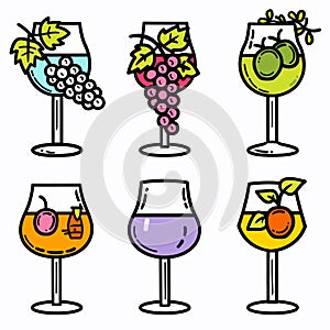 Set six colorful wine glasses different fruits, representing various fruit wines cocktails. Bold