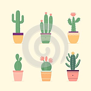 Set of six cute cartoon cacti in colorful pots. Different shapes of cactuses, some with flowers, indoor plant decoration