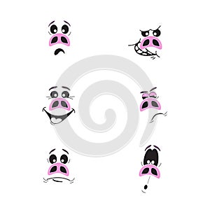Set of six cute cartoon emotional pink pig characters
