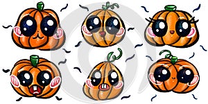 Set of six cute Halloween pumpkins. White background.