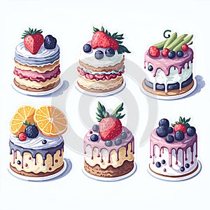 Set of six detailed Sticker of Watercolor cute cake with fruits watercolor