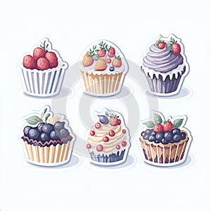 Set of six detailed Sticker of Watercolor cute cake with fruits watercolor vector set graphic clipart design