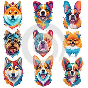 a set of six different colored dogs.rainbow style.Ai generated