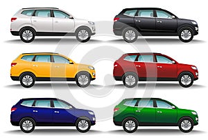 Set of six different colors cars on white background. Luxury offroad vehicles. Realistic crossover. 4x4 transport