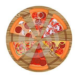 Set of six different pizza slices on a wooden plate. Pizza with different fillings