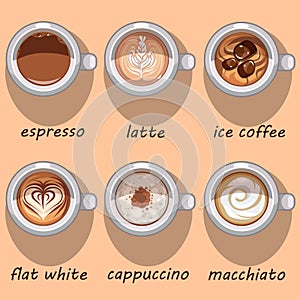 Set of six different sorts of coffee in white cups