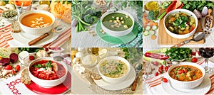 Set of six different soups borscht, kharcho, light vegetables, champignon mushrooms, broccoli celery and pumpkin puree photo