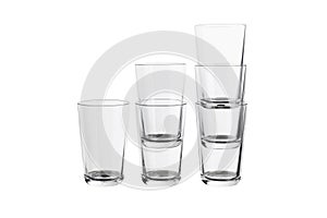 Set of six empty transparent glasses for water isolated on white background. Empty glass cup for advertising