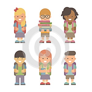 Set of six flat school characters