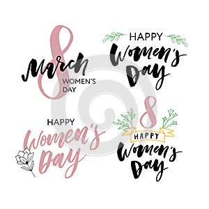 Set of six greeting cards for international womens day. Eight march. Usable for prints. Vector design. Hand drawn elements