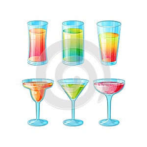 Set of six hand drawn glasses with long alcohol cocktails in color
