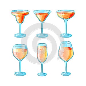 Set of six hand drawn glasses with long alcohol cocktails with juice in color