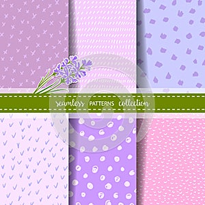 Set of six hand drawn seamless patterns for Lavender theme design.