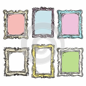 Set six handdrawn decorative frames, uniquely colored designed. Cartoon style frames