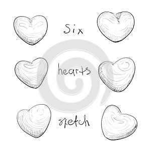 Set of six handdrawn heart. Vector illustration