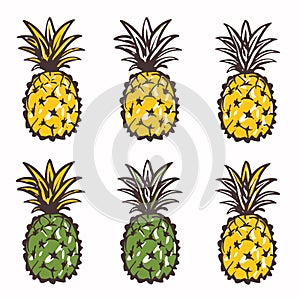 Set six handdrawn pineapples, alternating colors, tropical fruit design. Top row ripe yellow