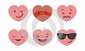 Set of six heart shaped emoticons. Vector emoji heads in the shape of hearts with different emotions on the face.