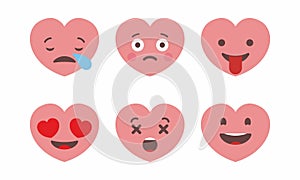 Set of six heart shaped emoticons. Vector emoji heads in the shape of hearts with different emotions on the face