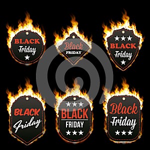 Set of six hot BLACK FRIDAY tags in flames