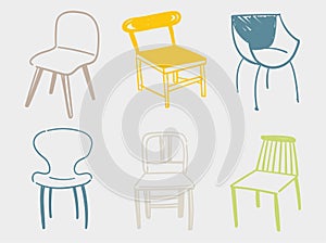 A set of six interior items. Hand drawn furniture illustrations.