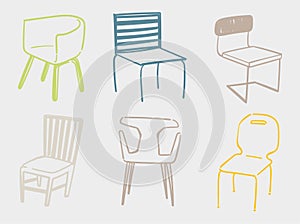 A set of six interior items. Hand drawn furniture illustrations.