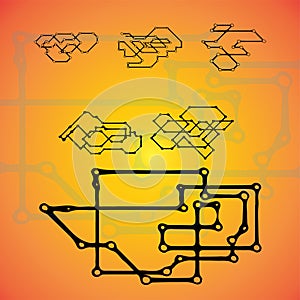 Set of six Mechanical schemes, engineering drawing with geometric parts mechanism. Futuristic industrial project can be use