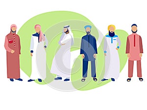 Set of six men, a group of Arabs in national dress. In minimalist style. Cartoon flat raster photo