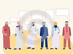 Set of six men, a group of Arabs in national dress. In minimalist style. Cartoon flat raster text bubble thought photo